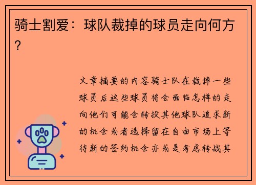 骑士割爱：球队裁掉的球员走向何方？